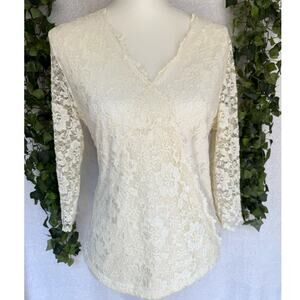 Y2K Vintage Coldwater Creek Cream 3/4 Long Sheer Sleeve Lace Lined Top Medium